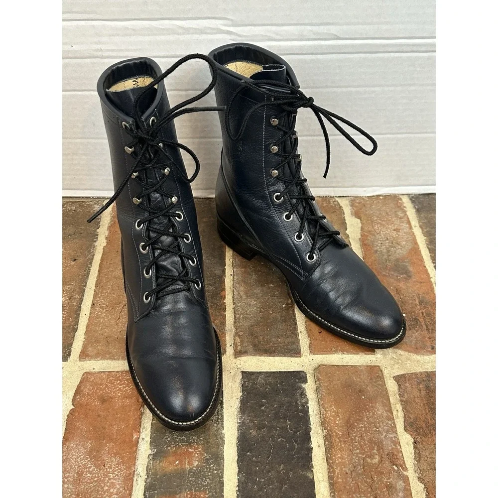 Vintage Justin Navy Blue Leather Ropers Lace Up Cowboy Boots Women's 7 B Western